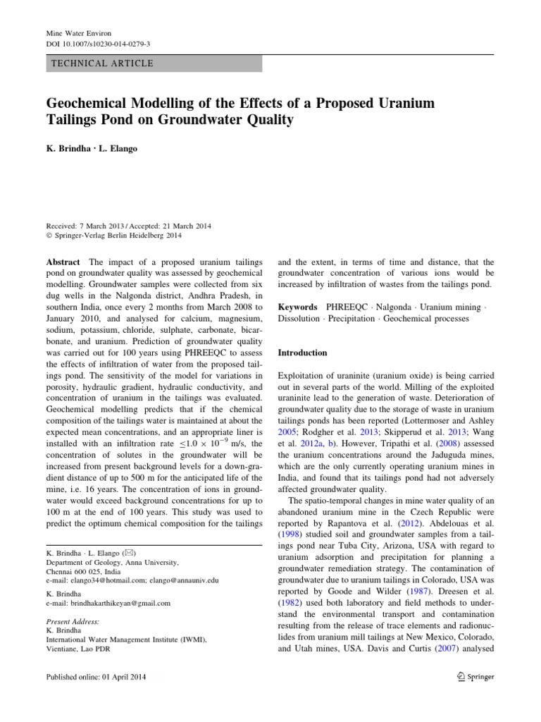 Geochemical Impact of Uranium Tailings on Groundwater | PDF ...