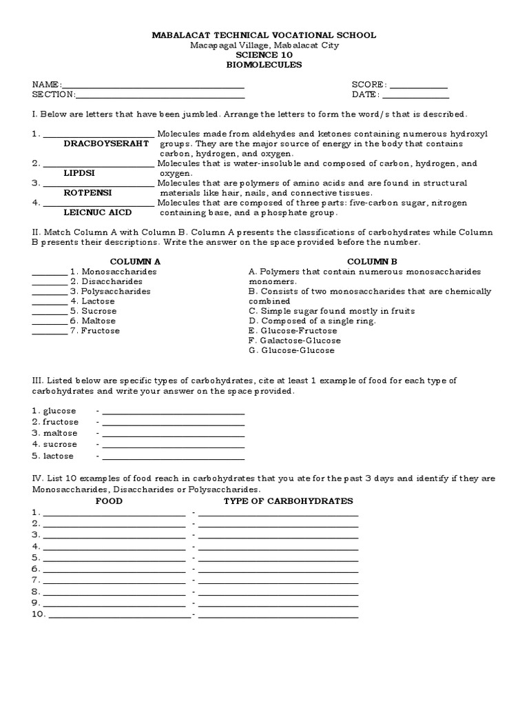 Biomolecules Activity 1.1 PDF Carbohydrates Physical Sciences