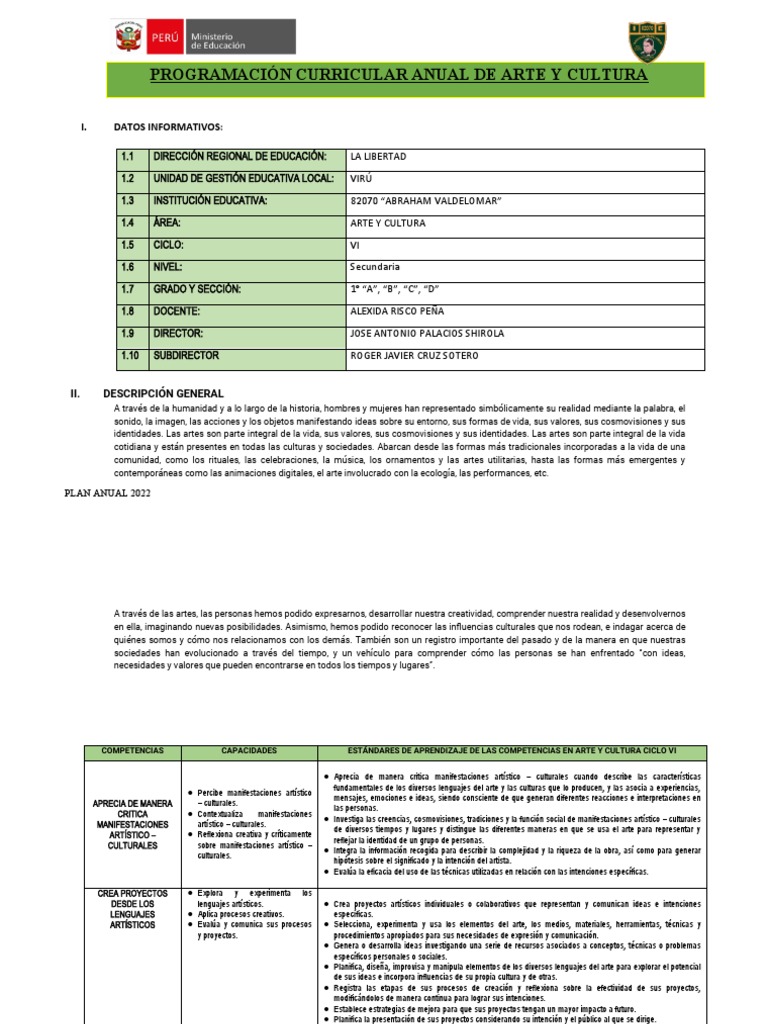 Plan Anual de Arte y Cultura 2022 | PDF | Aprendizaje | Evaluación