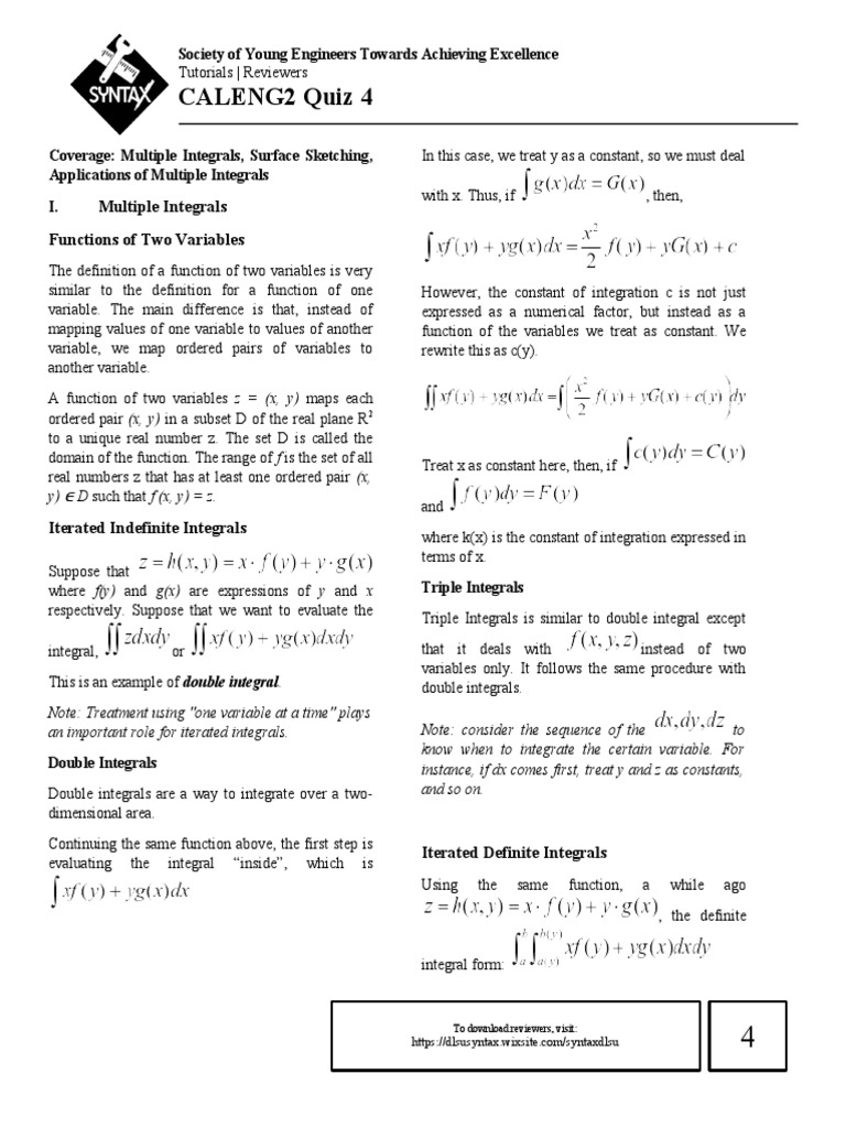 CALENG 2 LQ4 Notes PDF Integral Cartesian Coordinate System