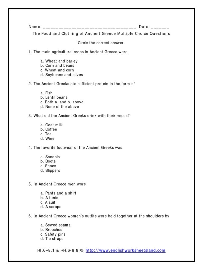 Name: - Date: - The Food and Clothing of Ancient Greece Multiple Choice ...