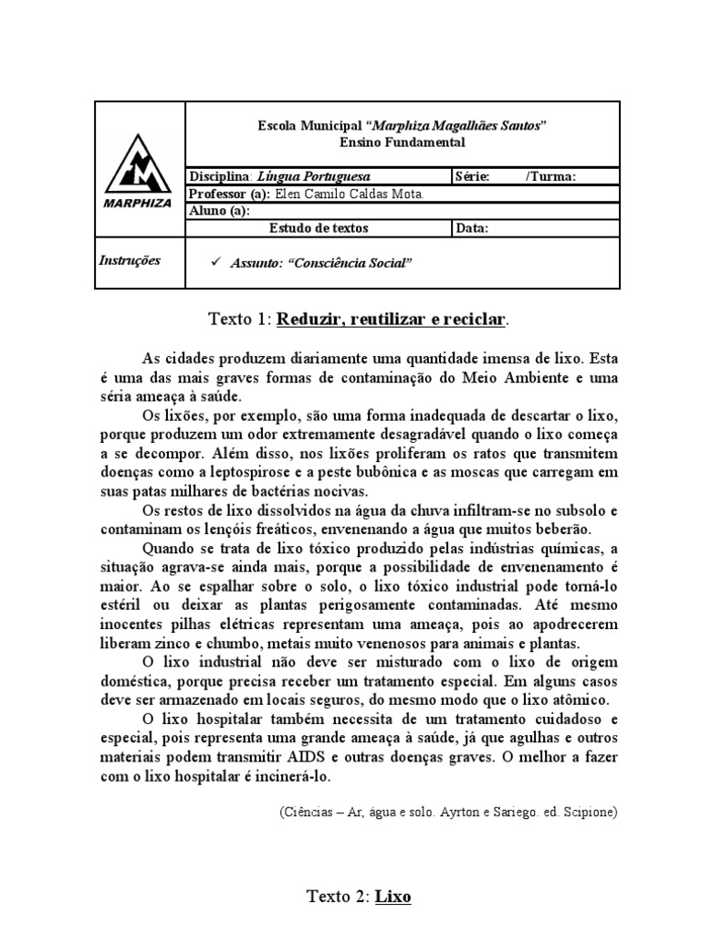 Interpretação De Texto Sobre O Lixo Com Gabarito