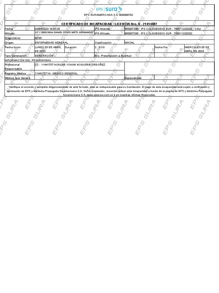 Certificado de Incapacidad Nro. 21414487 | PDF | Cuidado de la salud