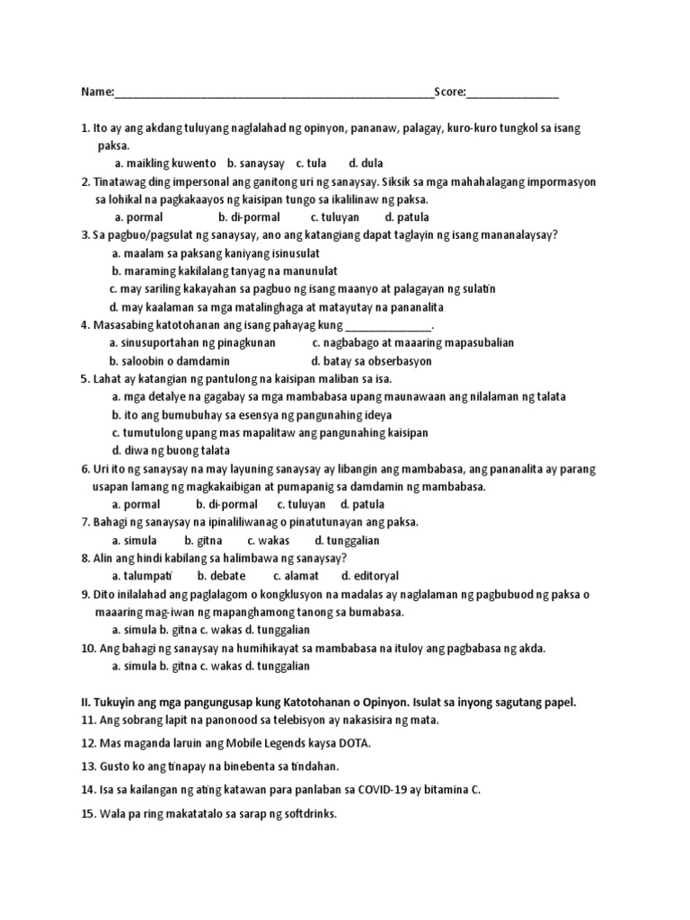 Filipino8 Long Quiz Pdf