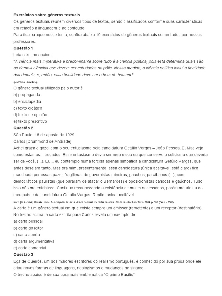 Exercícios Sobre Gêneros Textuais | PDF