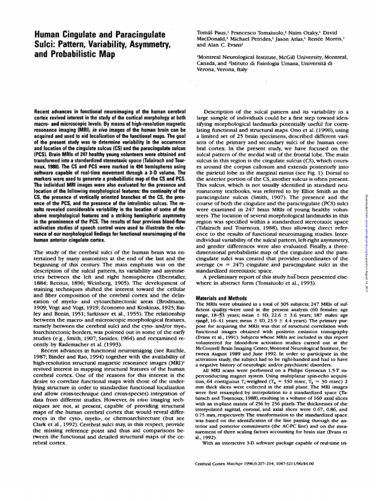 Artigo Human Cingulate Sulci | PDF | Cingulate Cortex | Cerebral Cortex