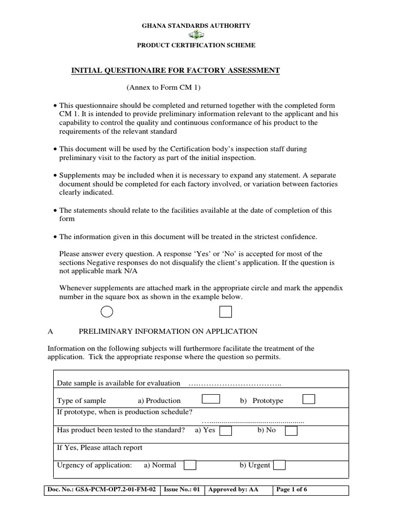 Initial Questionnaire For Factory Assessment PDF Business 