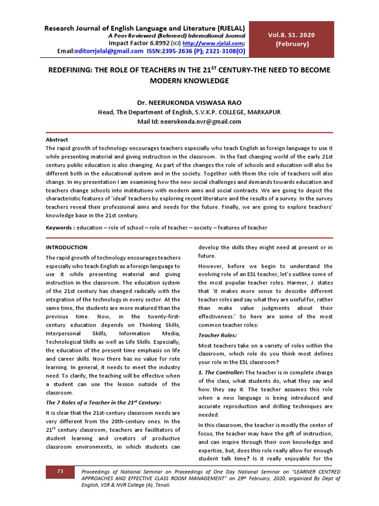 Redefining: The Role of Teachers in The 21 Century-The Need To Become ...