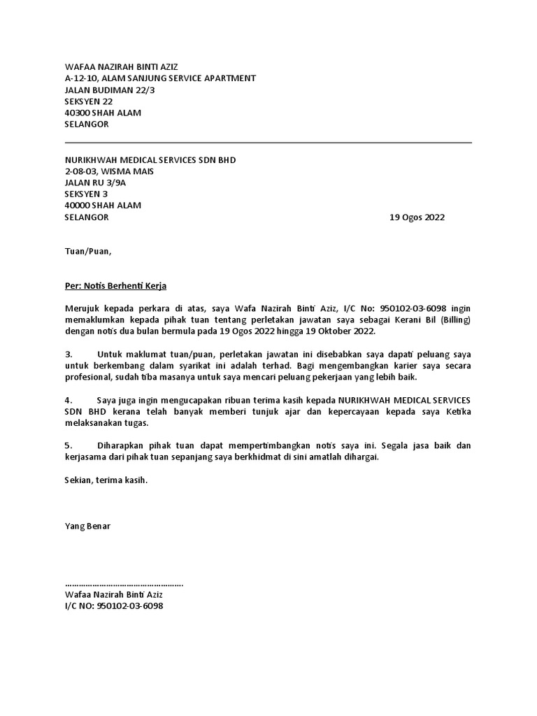 Notis Berhenti Kerja Pdf