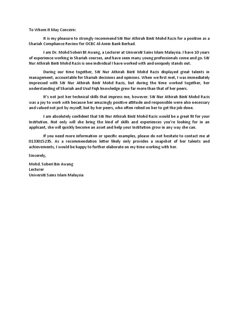 Recommendation for Shariah Compliance Role | PDF