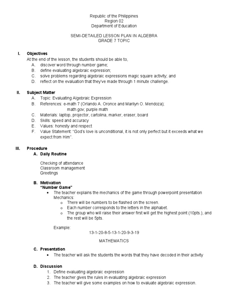 Grade 7 Algebraic Expressions Plan | PDF | Teachers | Mathematics