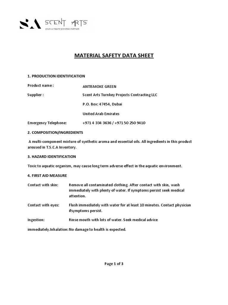 Msds perfume pdf water combustion