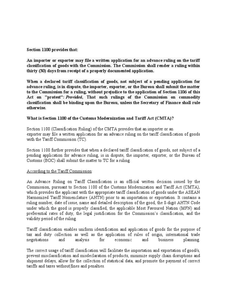 Advance Rulings under CMTA Section 1100 | PDF | Customs | Tariff