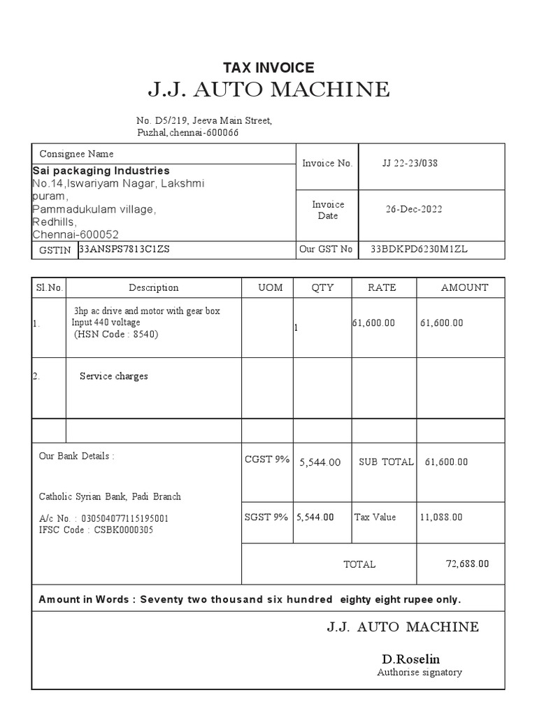 Tax Invoice for J.J. Auto Machine | PDF
