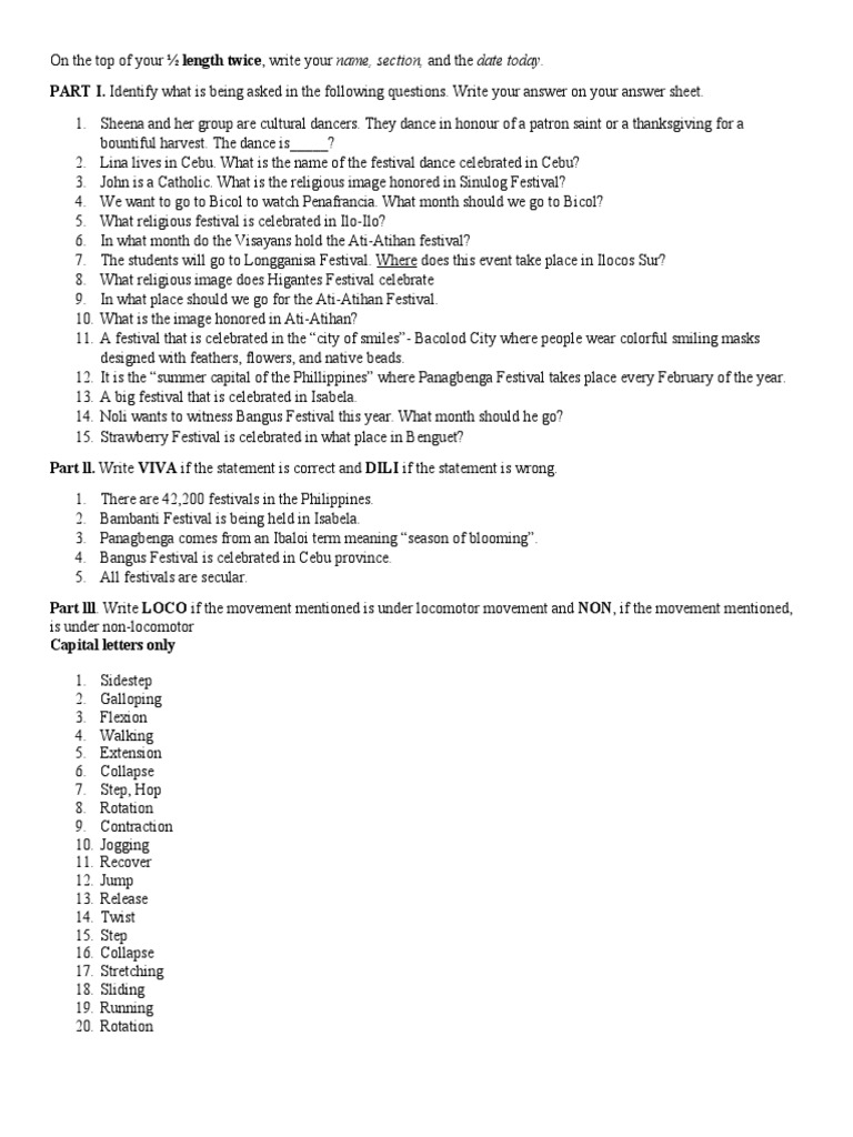 Unit test for festival dances pdf