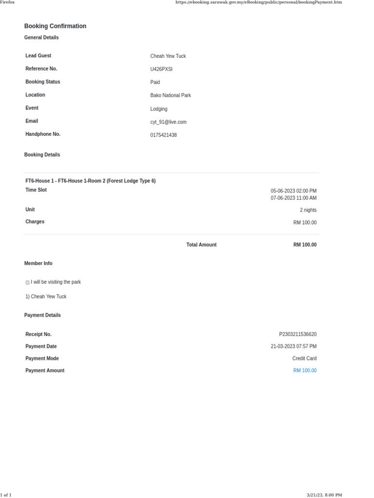 Bako National Park Booking Confirmation | PDF