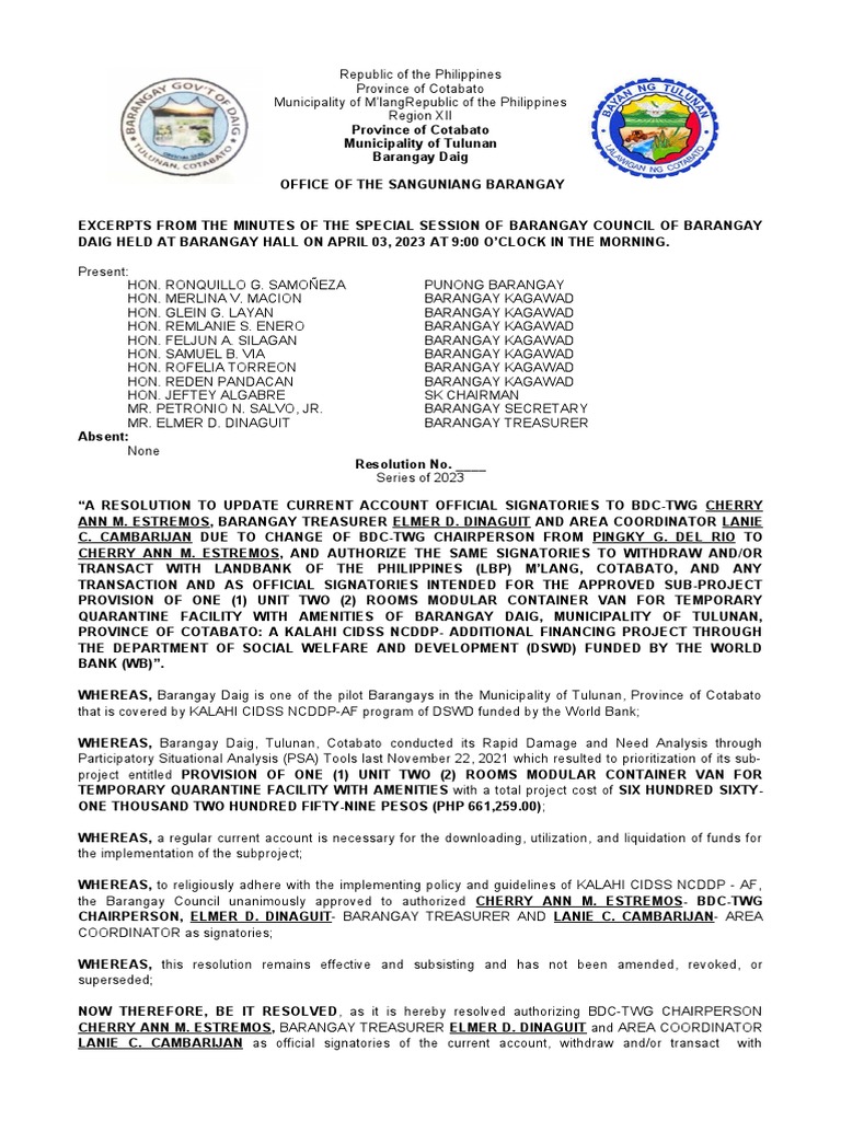 Barangay Resolution for Bank Signatories | PDF | Government