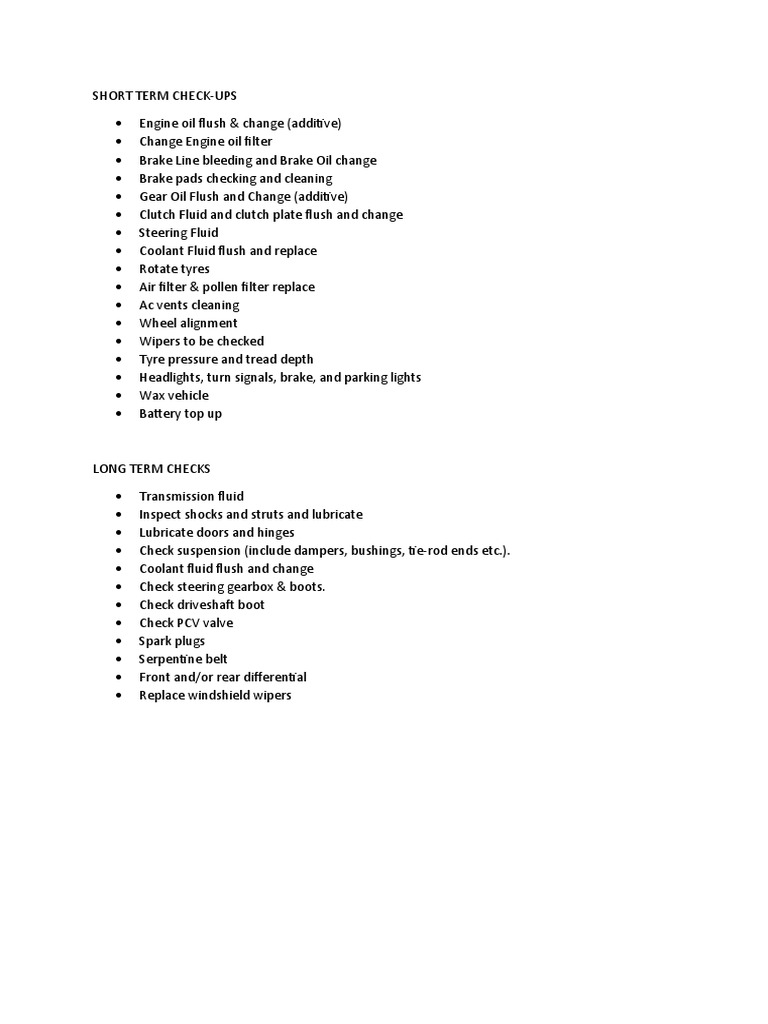 Car Servicing Checklist | PDF