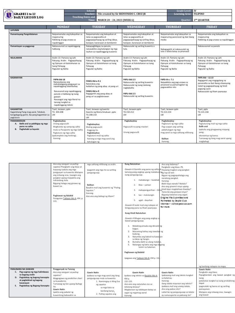 DLL - Filipino 4 - Q3 - W6 | PDF