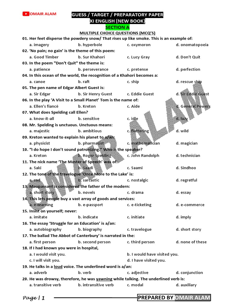Guess / Target / Preparatory Paper Xi English (New Book) Section A PDF Verb Linguistic