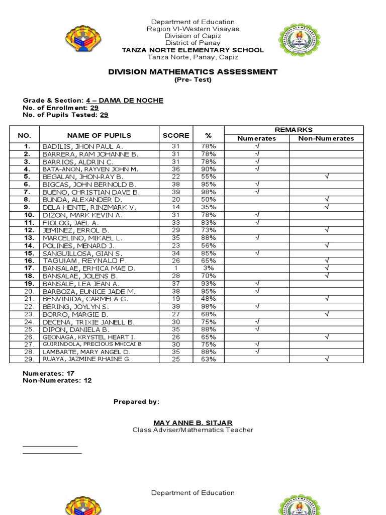 Division mathematics assessment pdf