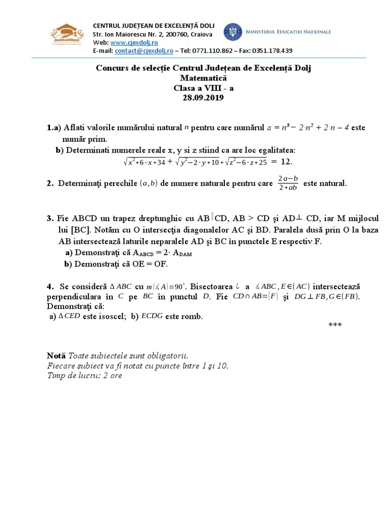 Matematica 8 Subiecte + Barem | PDF