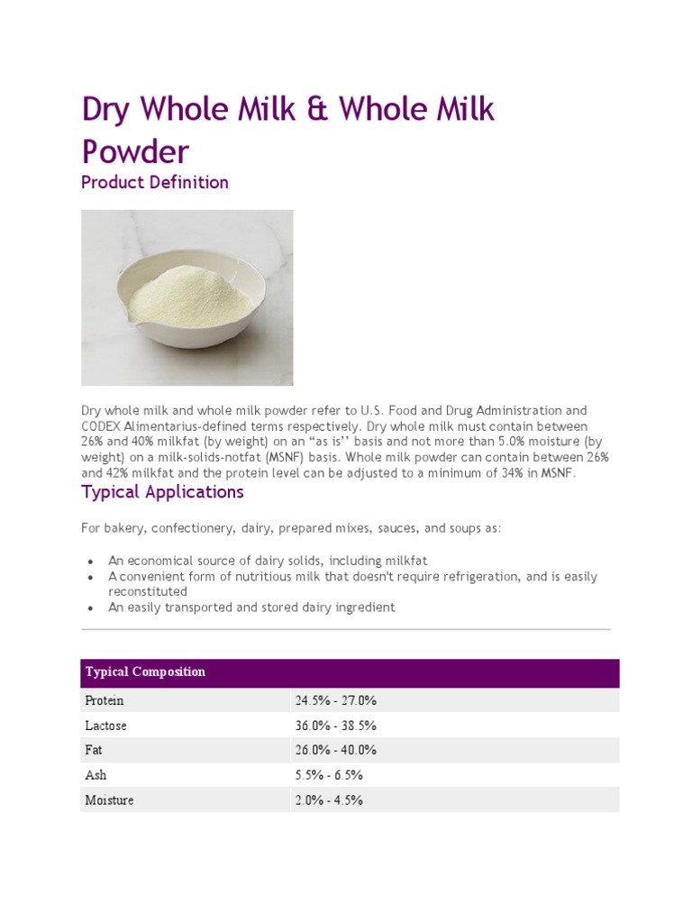Dry Whole Milk & Whole Milk Powder Product Definition PDF Milk Dairy