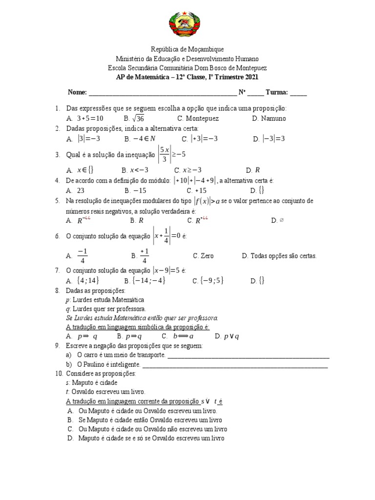 Exercicios Da 12 Classe | PDF | Objetos matemáticos | Lógica matemática