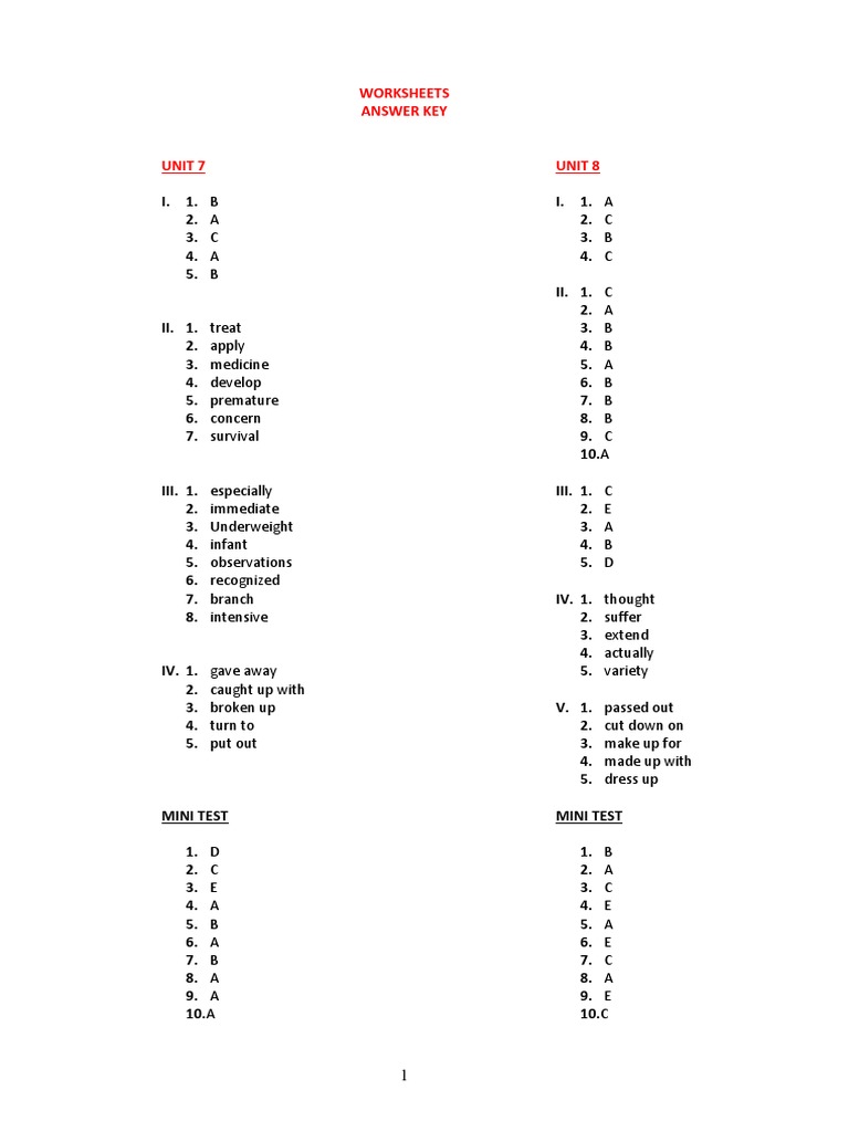 Worksheet Answer Key for Units 7-30 | PDF