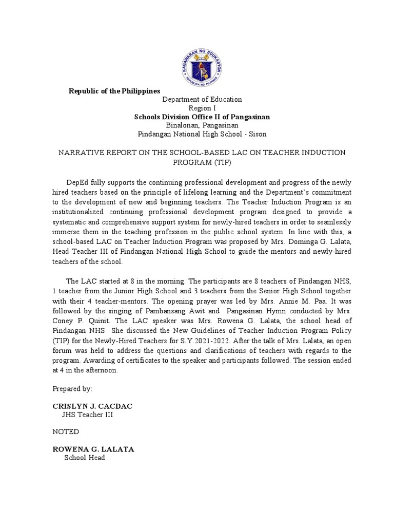 Narrative report school based lac on teacher induction program pdf