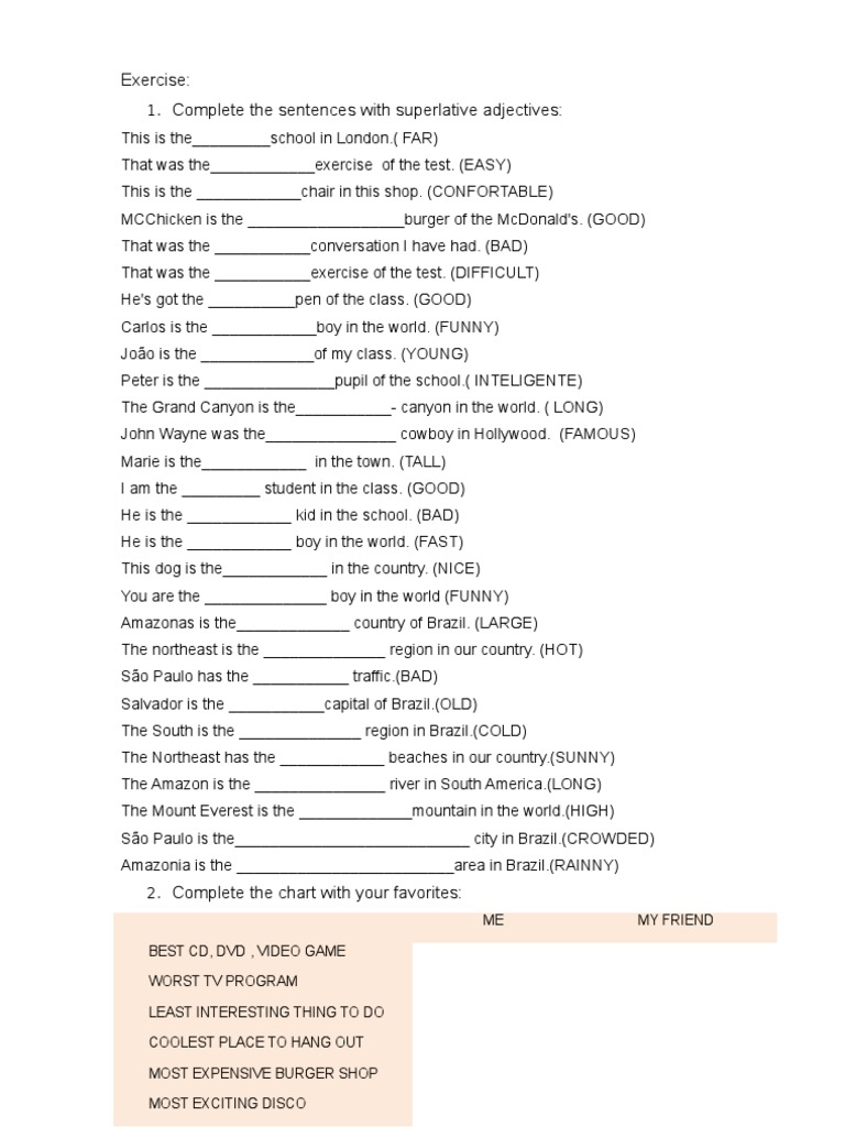 Superlative Adjective Exercise Worksheet | PDF