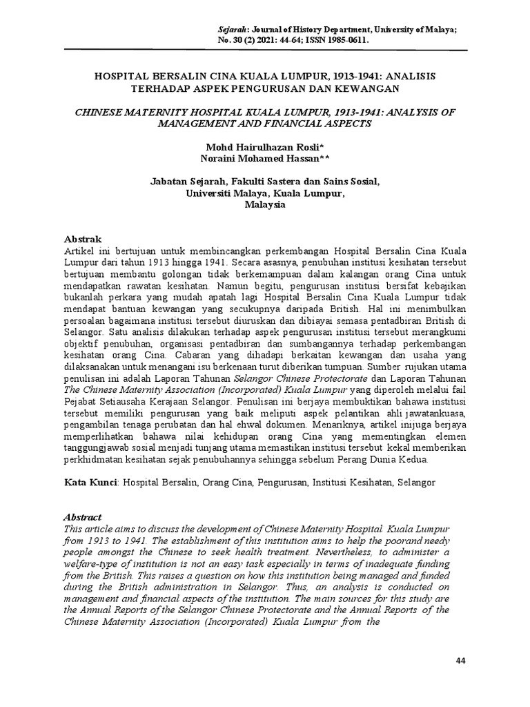 Chinese Maternity Hospital Kuala Lumpur, 19131941 Analysis of