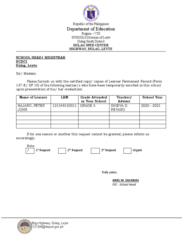 Request Permanent Record PDF