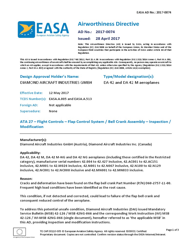 Airworthiness Directive Design Approval Holder's Name Type/Model