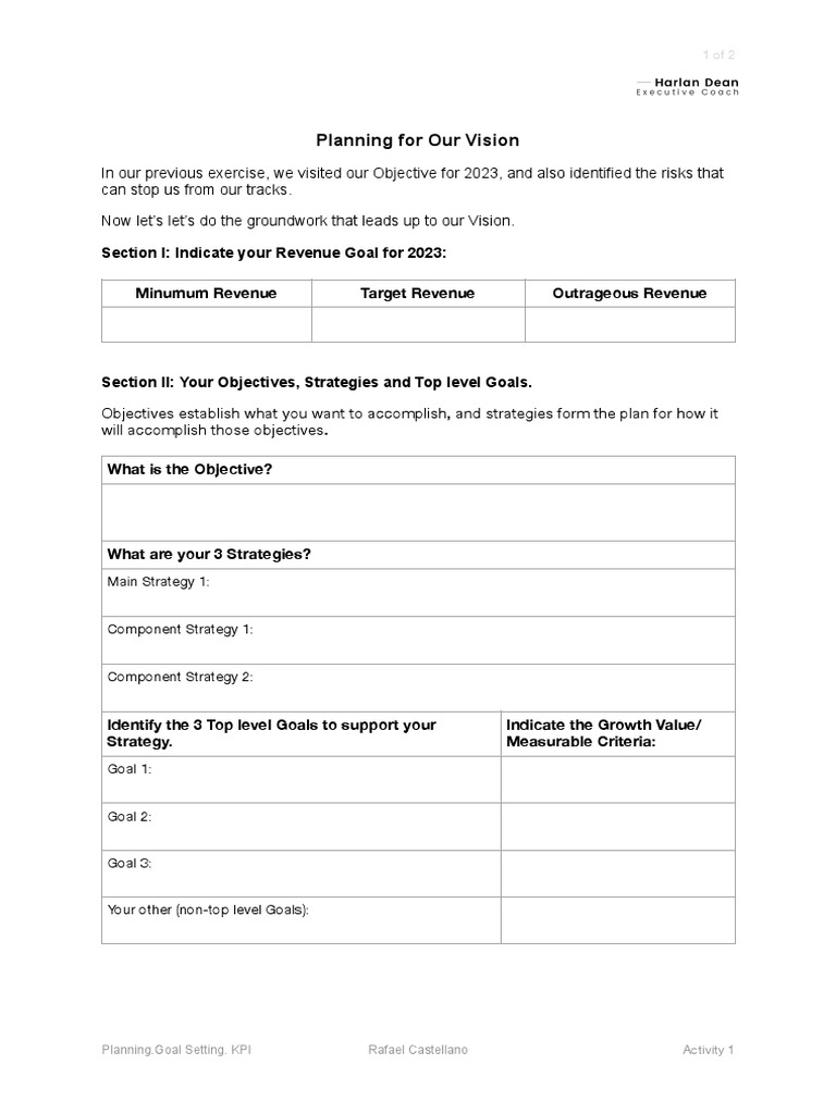 Planning Exercise. Activity 1. PDF Performance Indicator Goal Setting