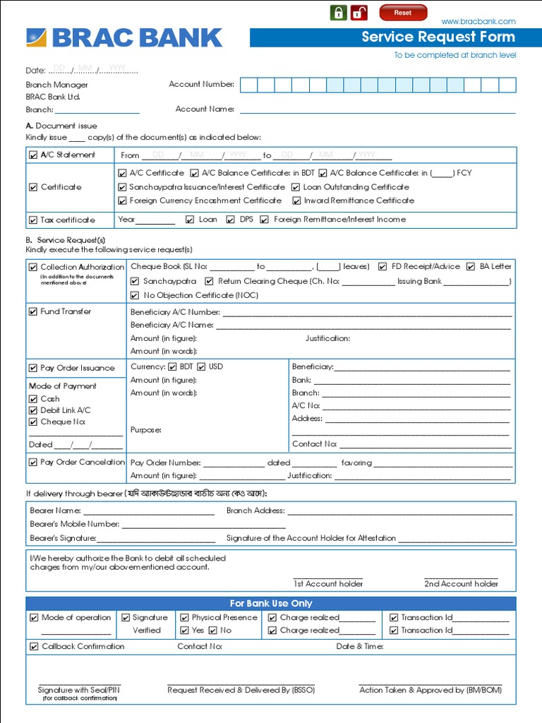 Service Request Form: DD MM Yyyy | PDF | Cheque | Debit Card