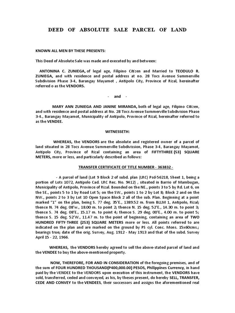 Deed of Absolute Sale Parcel of Land PDF Real Property Law Land Law