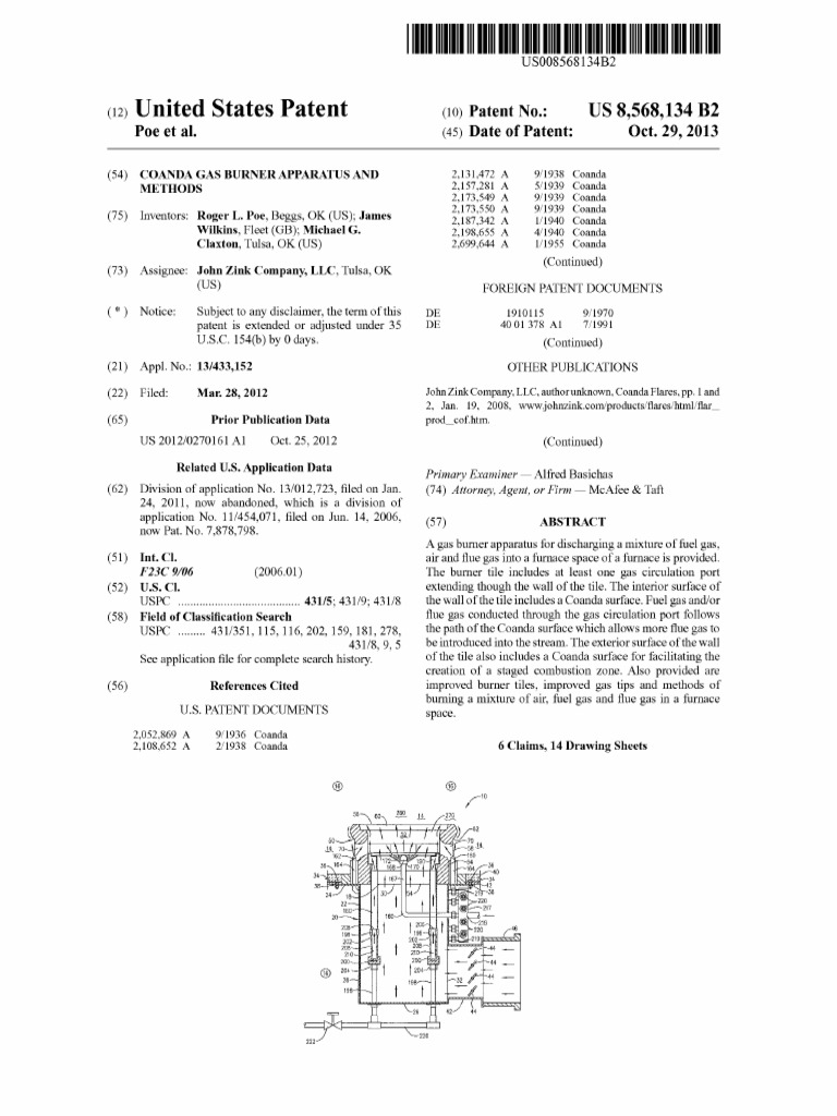 USOO8568134B2 Coanda gas burner apparatus PDF Combustion Exhaust Gas