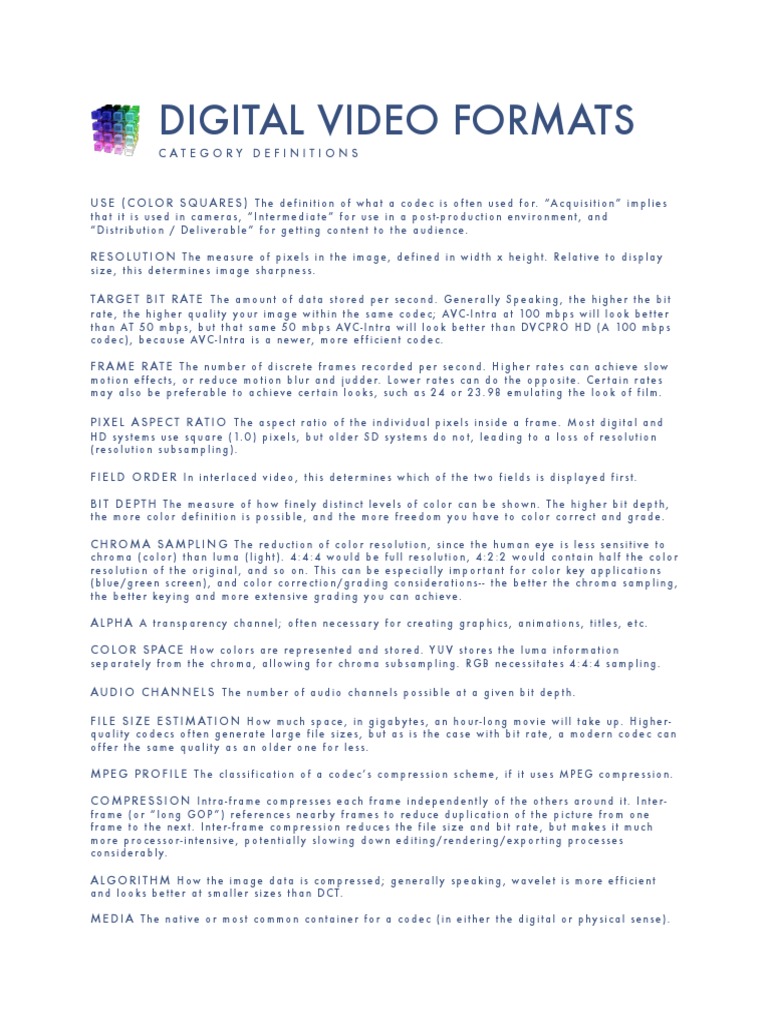 Digital Video Formats Category Definitions PDF Data Compression
