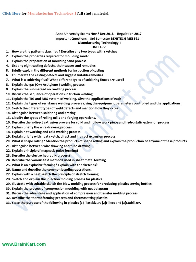 Manufacturing Technology I Exam Questions | PDF | Construction | Welding