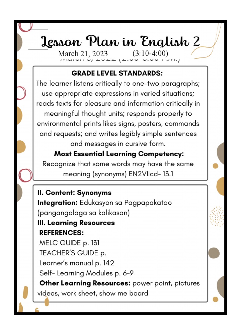 Joy 1st CO Lesson Plan in English 2 Third Quarter 2020 2021 | PDF