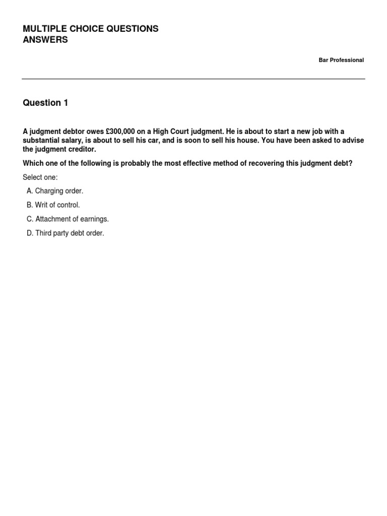 Bar Professional Multiple Choice Questions | PDF | Judgment (Law) | Damages