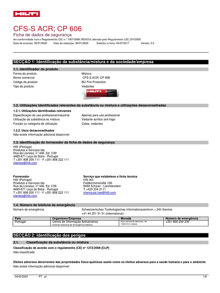 Ficha de dados de segurança para o vedante acrílico anti-fogo CFS-S ACR ...