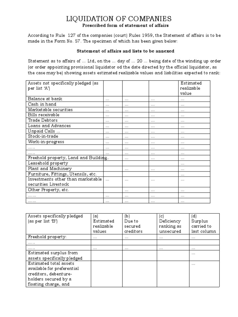 Liquidation of Companies Prescribed Form of Statement of Affairs PDF
