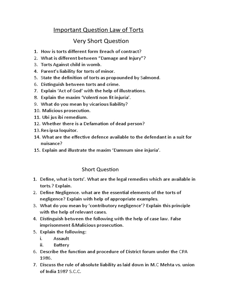 Key Questions in Law of Torts | PDF | Tort | Defamation