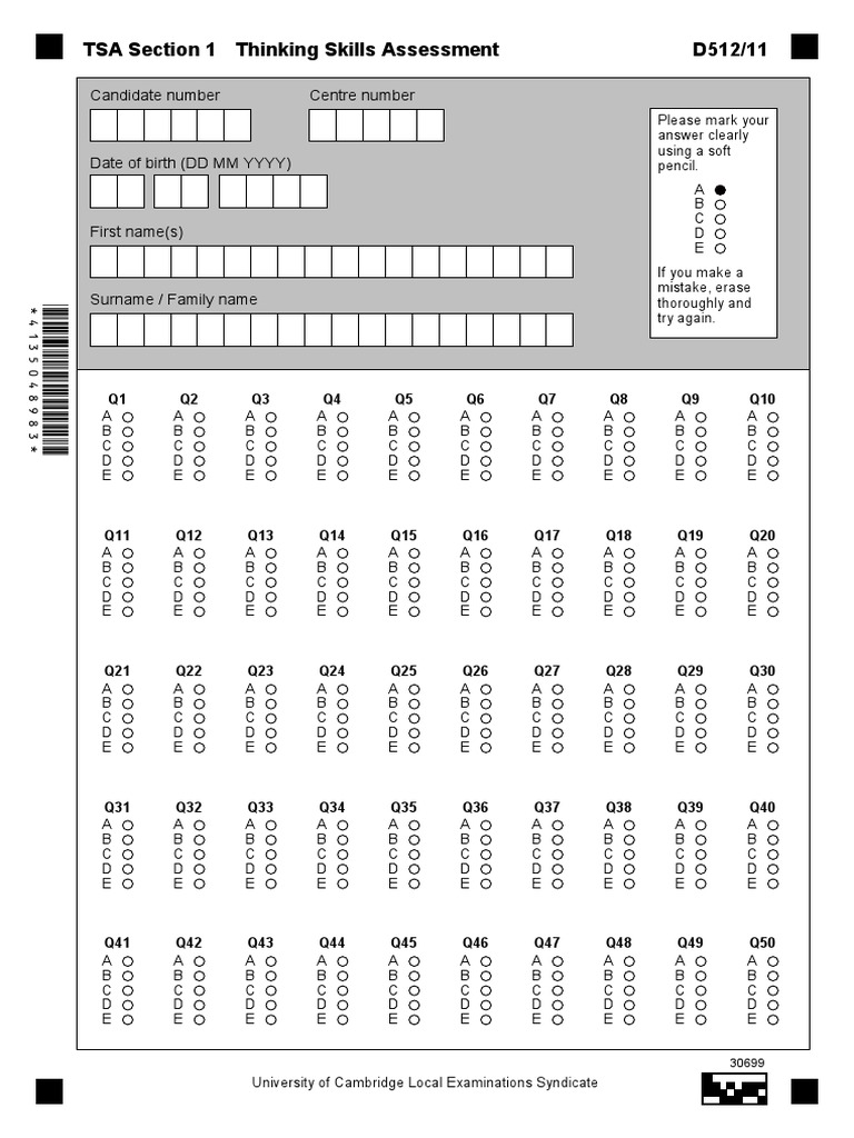 TSA Section 1 Candidate Answer Sheet | PDF