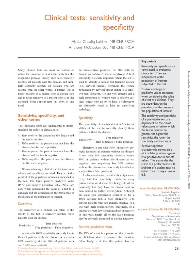 Clinical Tests Sensitivity and Specificity | PDF | Sensitivity And ...