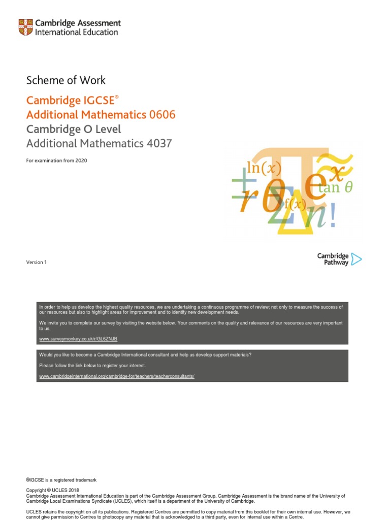 Scheme of Work: Cambridge IGCSE Additional Mathematics 0606 | PDF ...