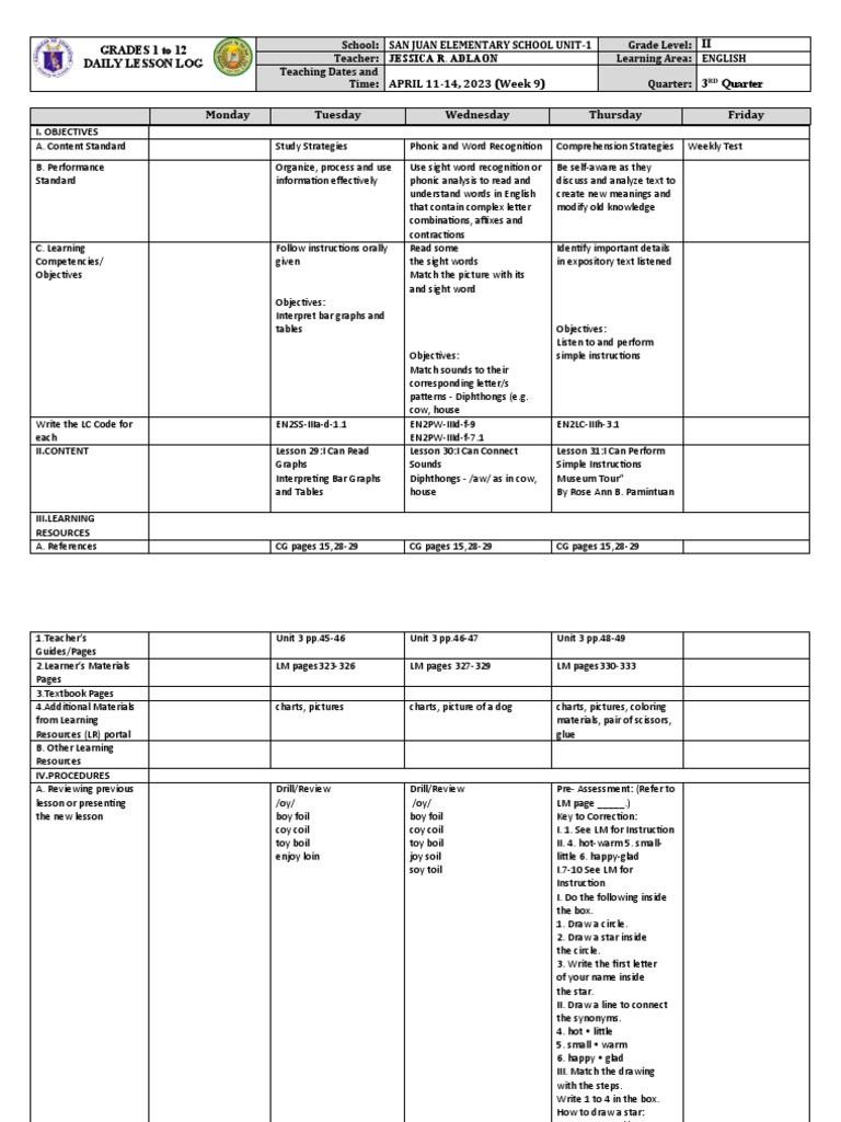 Grade 2 English Lesson Plan: Week 9 | PDF | Linguistics