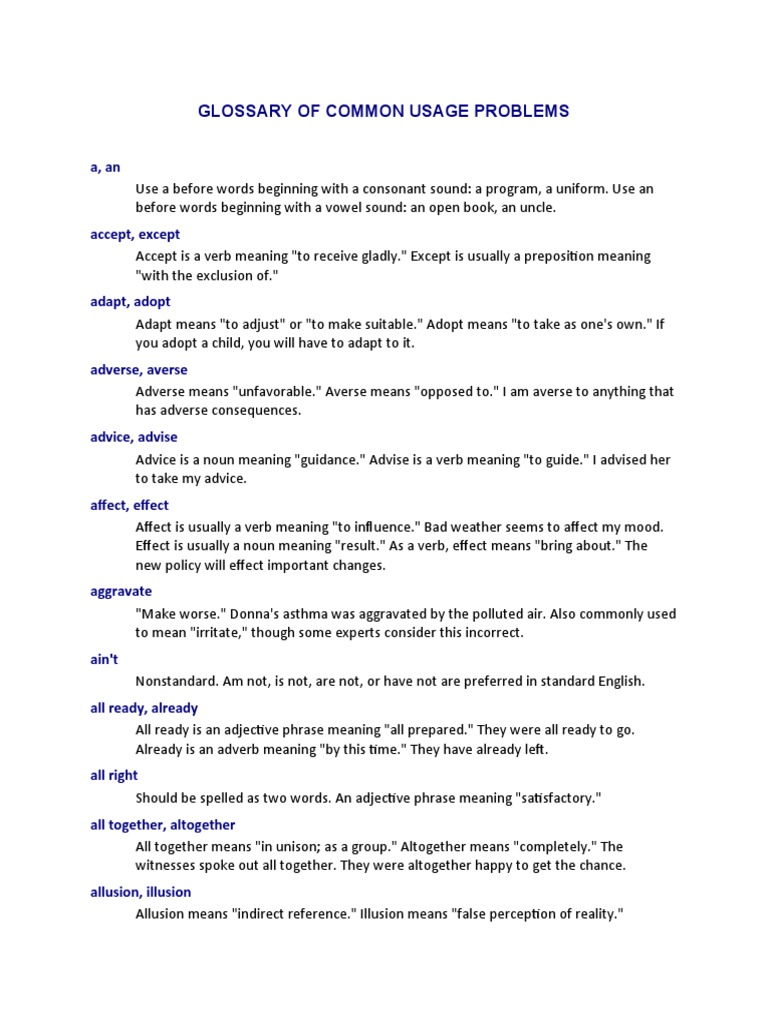 Common Usage Problems Glossary | PDF | Verb | Adjective